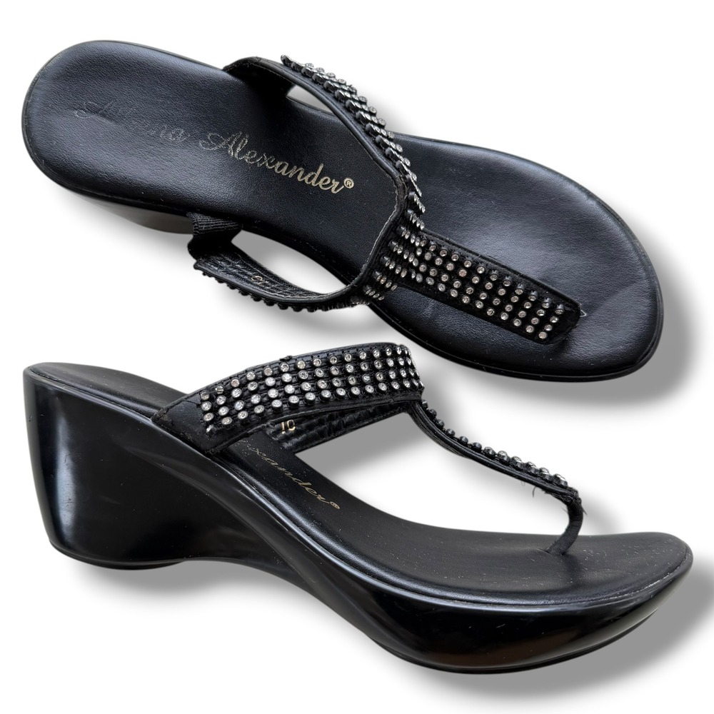 Athena Alexander Women 10 Black Rhinestone T-Strap Wedge Sandals SlipOn Y2K Chic